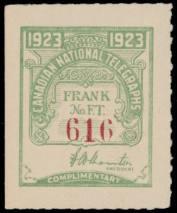 Lot 374, Canada 1923 Canadian National Telegraphs frank, mint NH