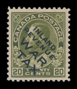 Lot 286, Canada 1915 twenty cent olive green Admiral WAR TAX, XF NH, sold for C$1,357