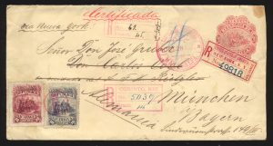 Lot 856, Nicaragua 1892 uprated Columbus registered postal stationery cover Matagalpa to Munich, Bavaria, sold for C$531